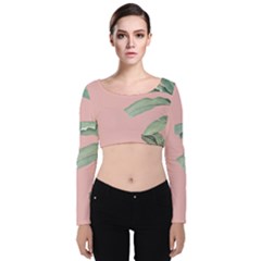 Palm Leaf On Pink Velvet Long Sleeve Crop Top by goljakoff