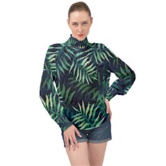 Green Leaves High Neck Long Sleeve Chiffon Top by goljakoff