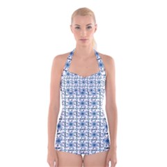 Azulejo style blue tiles Boyleg Halter Swimsuit 