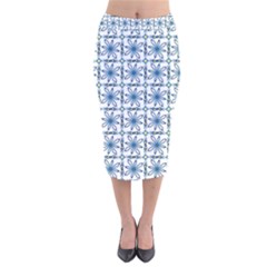 Azulejo Style Blue Tiles Velvet Midi Pencil Skirt by MintanArt