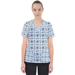 Azulejo Style Blue Tiles Women s V-neck Scrub Top by MintanArt