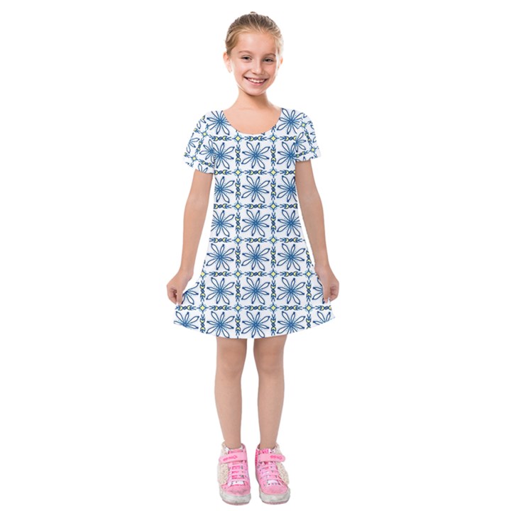 Azulejo style blue tiles Kids  Short Sleeve Velvet Dress