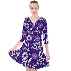 Floral Blue Pattern Quarter Sleeve Front Wrap Dress