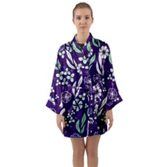 Floral Blue Pattern Long Sleeve Satin Kimono by MintanArt