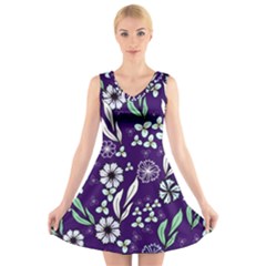 Floral Blue Pattern  V-neck Sleeveless Dress by MintanArt