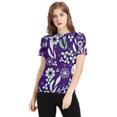 Floral Blue Pattern  Women s Short Sleeve Rash Guard by MintanArt