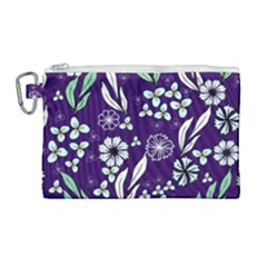 Floral Blue Pattern  Canvas Cosmetic Bag (large) by MintanArt
