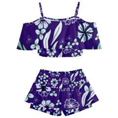 Floral Blue Pattern  Kids  Off Shoulder Skirt Bikini by MintanArt