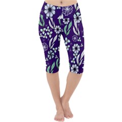 Floral Blue Pattern  Lightweight Velour Cropped Yoga Leggings by MintanArt