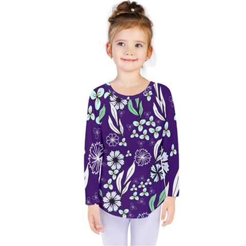 Floral Blue Pattern  Kids  Long Sleeve Tee by MintanArt