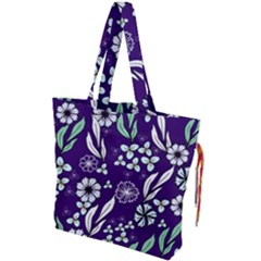 Floral Blue Pattern  Drawstring Tote Bag by MintanArt