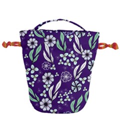 Floral Blue Pattern  Drawstring Bucket Bag by MintanArt