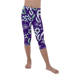 Floral Blue Pattern  Kids  Lightweight Velour Capri Leggings  by MintanArt