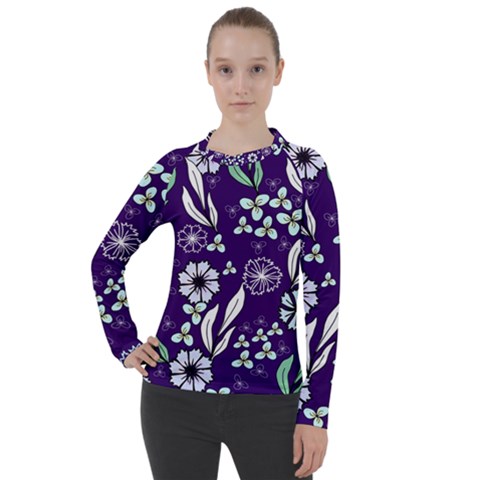 Floral Blue Pattern  Women s Pique Long Sleeve Tee by MintanArt