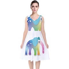 Illustrations Elephant Colorful Pachyderm V-neck Midi Sleeveless Dress 