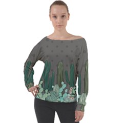 Cactus Plant Green Nature Cacti Off Shoulder Long Sleeve Velour Top by Mariart