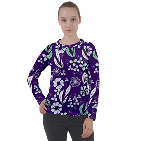 Floral Blue Pattern  Women s Long Sleeve Raglan Tee by MintanArt