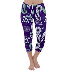 Floral Blue Pattern  Capri Winter Leggings  by MintanArt