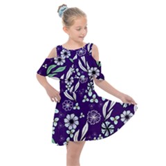 Floral Blue Pattern  Kids  Shoulder Cutout Chiffon Dress by MintanArt