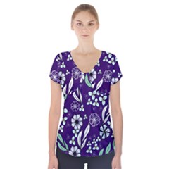 Floral Blue Pattern  Short Sleeve Front Detail Top by MintanArt