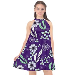 Floral Blue Pattern  Halter Neckline Chiffon Dress  by MintanArt