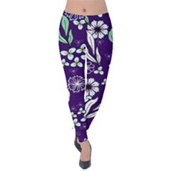 Floral Blue Pattern  Velvet Leggings by MintanArt