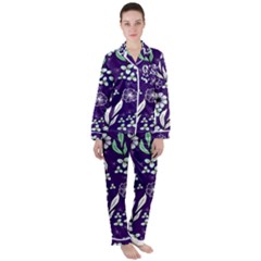 Floral Blue Pattern  Satin Long Sleeve Pajamas Set