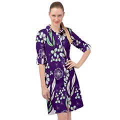 Floral Blue Pattern  Long Sleeve Mini Shirt Dress by MintanArt