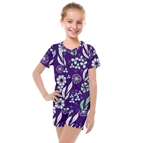 Floral Blue Pattern  Kids  Mesh Tee And Shorts Set by MintanArt