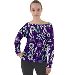 Floral Blue Pattern  Off Shoulder Long Sleeve Velour Top by MintanArt