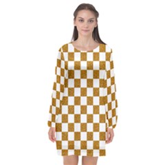 Checkerboard Gold Long Sleeve Chiffon Shift Dress 