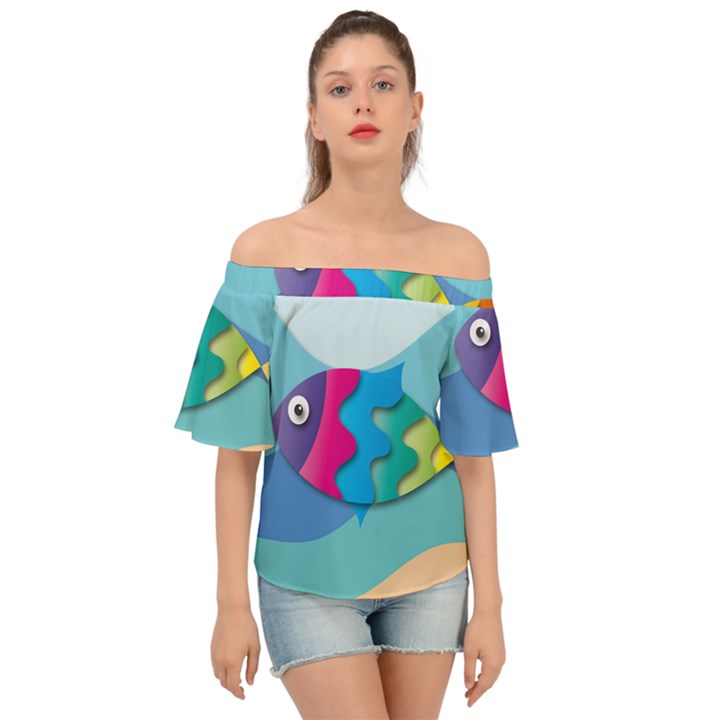 Illustrations Fish Sea Summer Colorful Rainbow Off Shoulder Short Sleeve Top