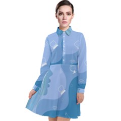 Online Woman Beauty Blue Long Sleeve Chiffon Shirt Dress