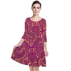 Golden Red Pattern Quarter Sleeve Waist Band Dress by designsbymallika