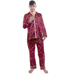 Golden Red Pattern Men s Long Sleeve Satin Pajamas Set by designsbymallika