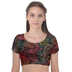 Seamless Color Design Velvet Short Sleeve Crop Top  by designsbymallika