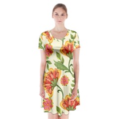 Orange Flowers Short Sleeve V-neck Flare Dress