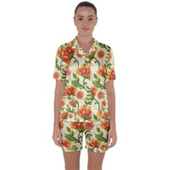 Orange Flowers Satin Short Sleeve Pajamas Set