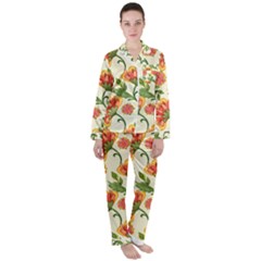 Orange Flowers Satin Long Sleeve Pajamas Set