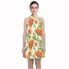 Orange Flowers Velvet Halter Neckline Dress 