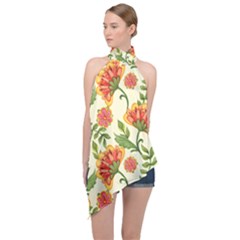 Orange Flowers Halter Asymmetric Satin Top