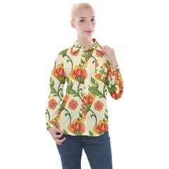 Orange Flowers Women s Long Sleeve Pocket Shirt