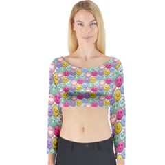 Cute Emoticon Pattern Long Sleeve Crop Top by designsbymallika