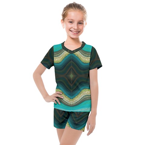 Green Golden Marble Print Kids  Mesh Tee And Shorts Set by designsbymallika