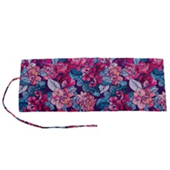 Pink Blue Flowers Roll Up Canvas Pencil Holder (s) by designsbymallika