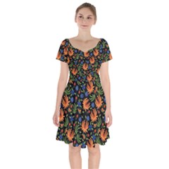 Orange Flowers Pattern Short Sleeve Bardot Dress