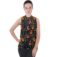 Orange Flowers Pattern Mock Neck Chiffon Sleeveless Top by designsbymallika