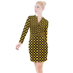 Dot Dots Dotted Yellow Button Long Sleeve Dress