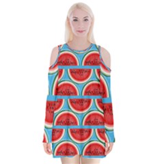 Illustrations Watermelon Texture Pattern Velvet Long Sleeve Shoulder Cutout Dress