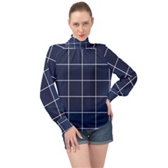 Blue Plaid High Neck Long Sleeve Chiffon Top by goljakoff